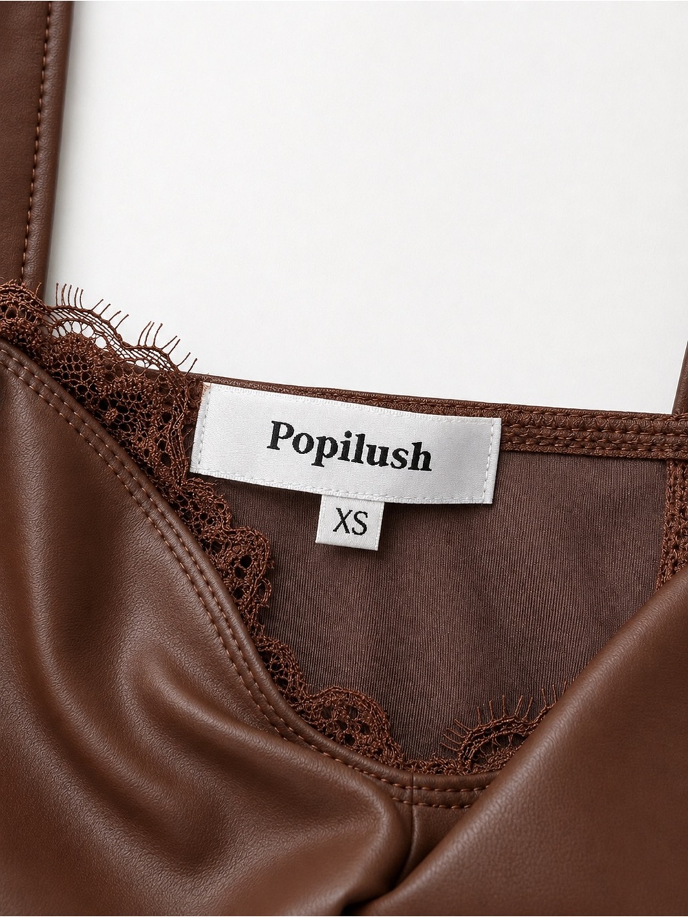 NWT Popilush Faux Leather Lace Trim Sculpting Camisole Top in Brown Coquette XS - Picture 3 of 5
